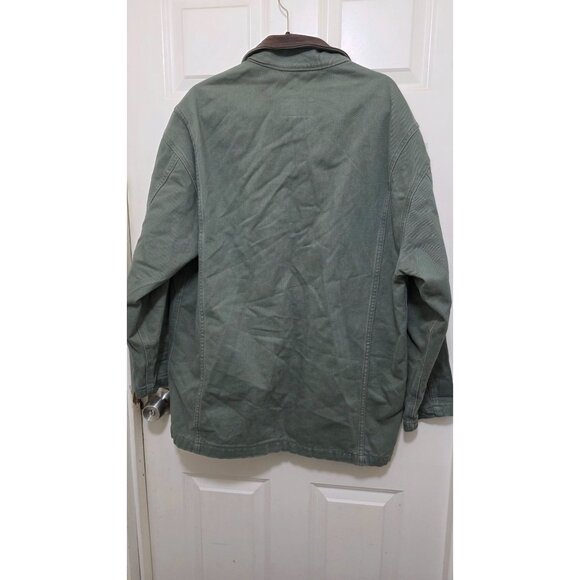 Barn Girl Farm Clothes Green Canvas Jacket Leather Collar Size S Plaid Lining Em - Picture 2 of 8